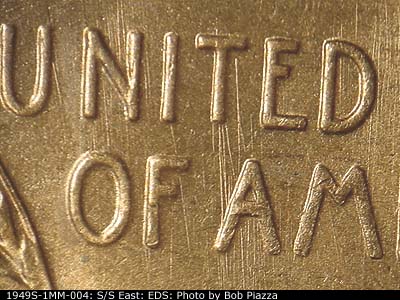 Die-stage A marker on 1949S•1MM•004 (1949 Repunched Mint Mark).