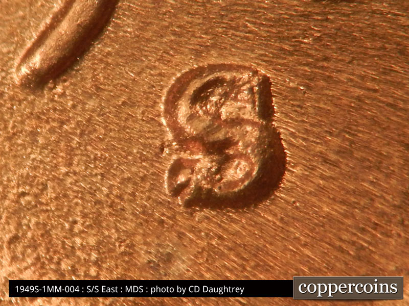 1949 Lincoln cent obverse, CopperCoins die 1949S•1MM•004.