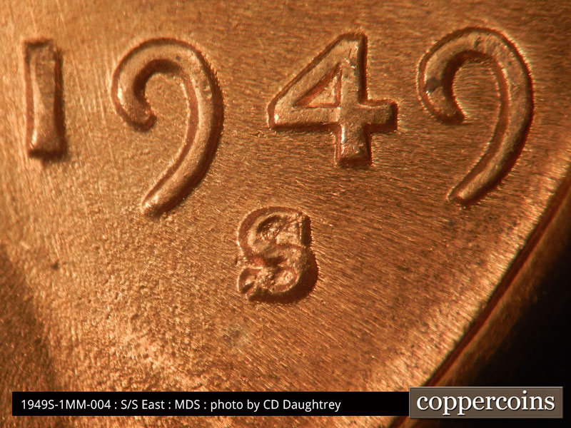 Die-stage B marker on 1949S•1MM•004 (1949 Repunched Mint Mark).