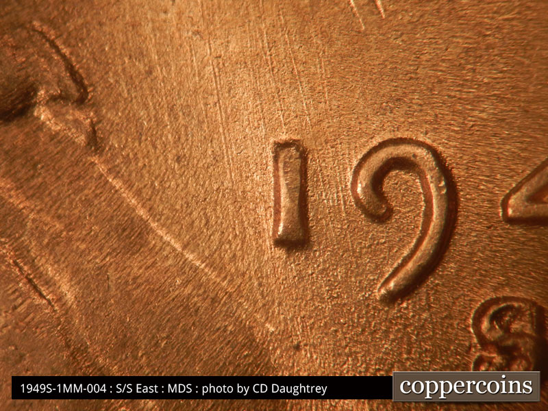 Die-stage B marker on 1949S•1MM•004 (1949 Repunched Mint Mark).