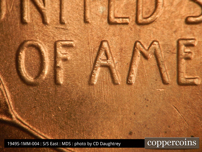 Die-stage B marker on 1949S•1MM•004 (1949 Repunched Mint Mark).
