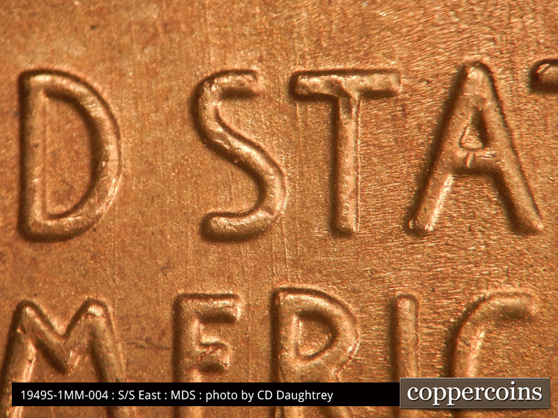 Die-stage B marker on 1949S•1MM•004 (1949 Repunched Mint Mark).