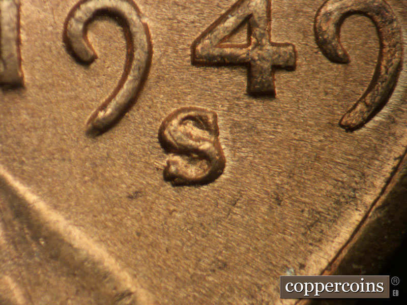 1949 Lincoln cent obverse, CopperCoins die 1949S•1MM•005.