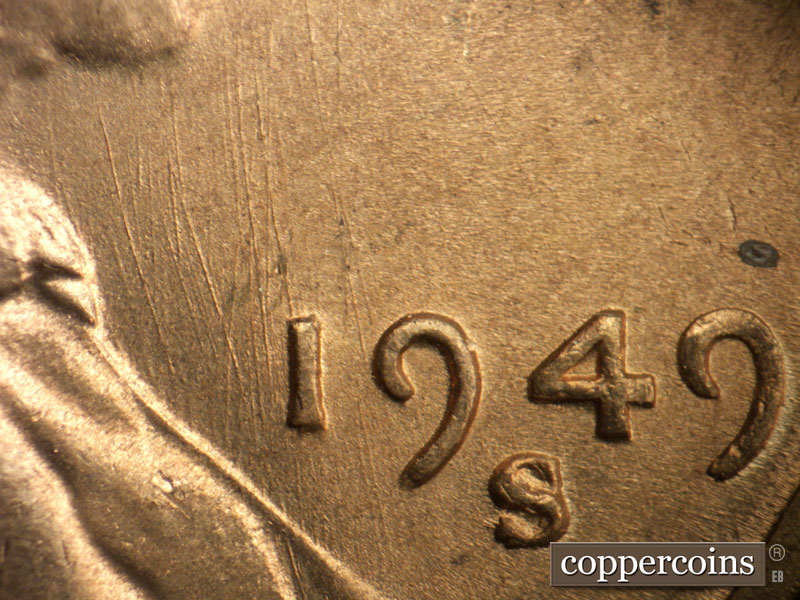 Die-stage B marker on 1949S•1MM•005 (1949 Repunched Mint Mark).