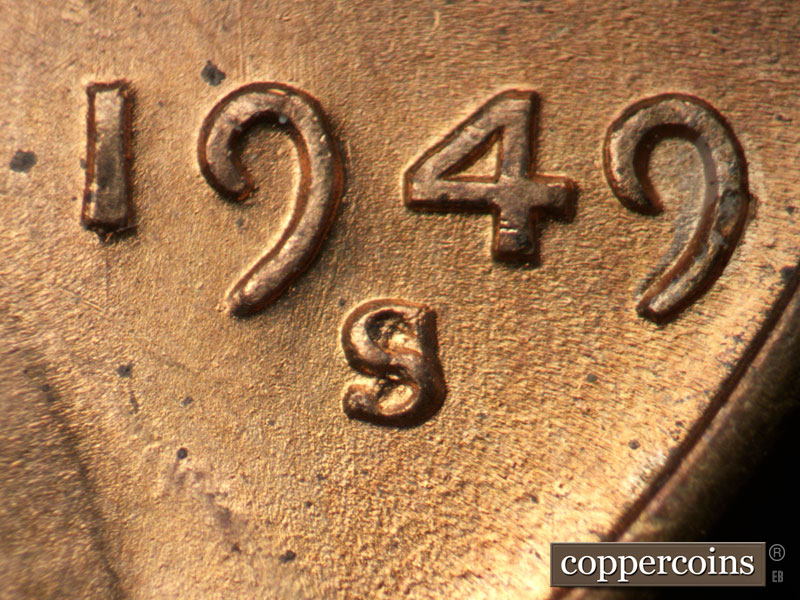 1949 Lincoln cent obverse, CopperCoins die 1949S•1MM•006.