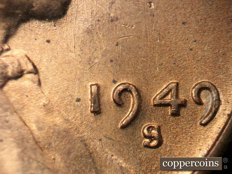 Die-stage B marker on 1949S•1MM•006 (1949 Repunched Mint Mark).