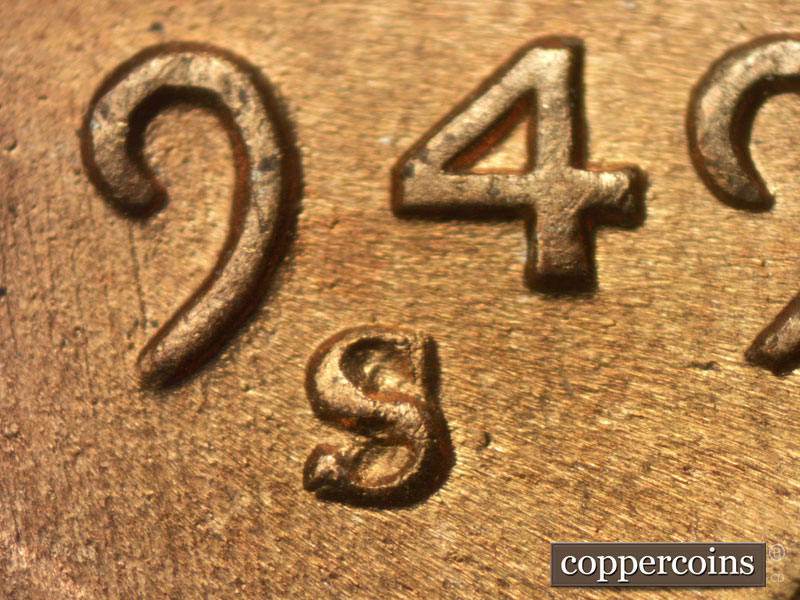 1949 Lincoln cent obverse, CopperCoins die 1949S•1MM•008.
