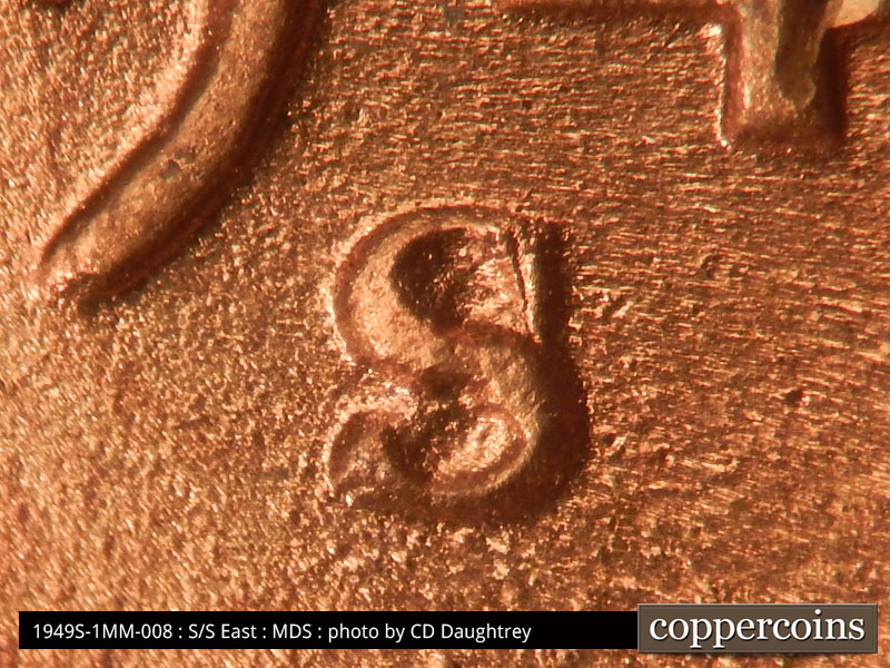 Die-stage C marker on 1949S•1MM•008 (1949 Repunched Mint Mark).