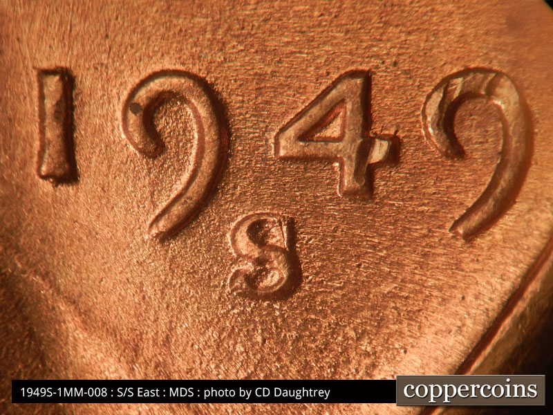 Die-stage C marker on 1949S•1MM•008 (1949 Repunched Mint Mark).
