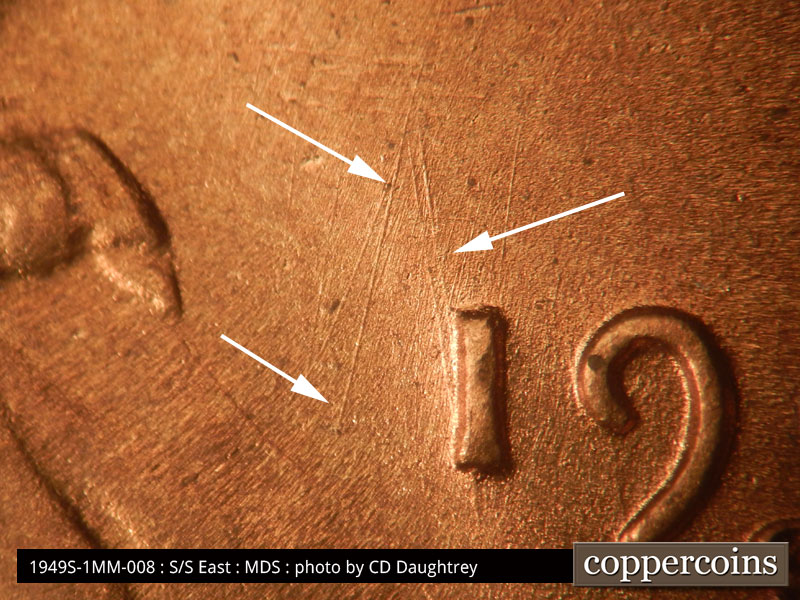 Die-stage C marker on 1949S•1MM•008 (1949 Repunched Mint Mark).