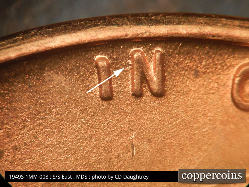 Die-stage C marker on 1949S•1MM•008 (1949 Repunched Mint Mark).