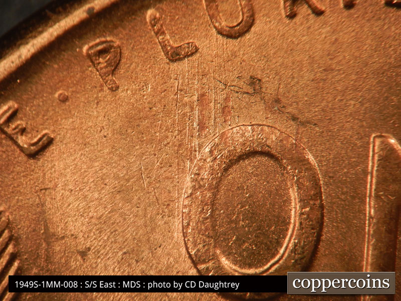Die-stage C marker on 1949S•1MM•008 (1949 Repunched Mint Mark).