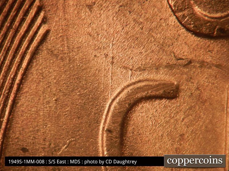 Die-stage C marker on 1949S•1MM•008 (1949 Repunched Mint Mark).