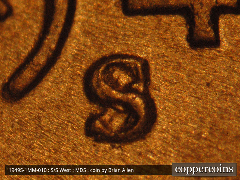 1949 Lincoln cent obverse, CopperCoins die 1949S•1MM•010.