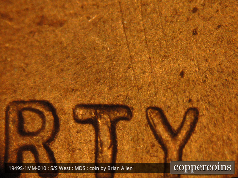 Die-stage B marker on 1949S•1MM•010 (1949 Repunched Mint Mark).