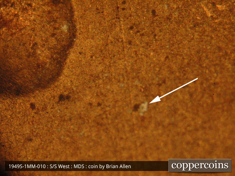 Die-stage B marker on 1949S•1MM•010 (1949 Repunched Mint Mark).