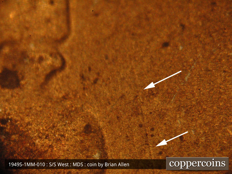 Die-stage B marker on 1949S•1MM•010 (1949 Repunched Mint Mark).