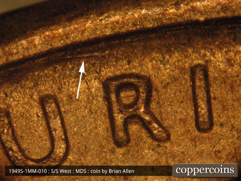 Die-stage B marker on 1949S•1MM•010 (1949 Repunched Mint Mark).