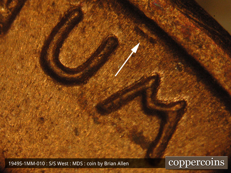Die-stage B marker on 1949S•1MM•010 (1949 Repunched Mint Mark).