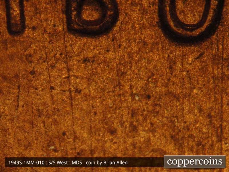 Die-stage B marker on 1949S•1MM•010 (1949 Repunched Mint Mark).