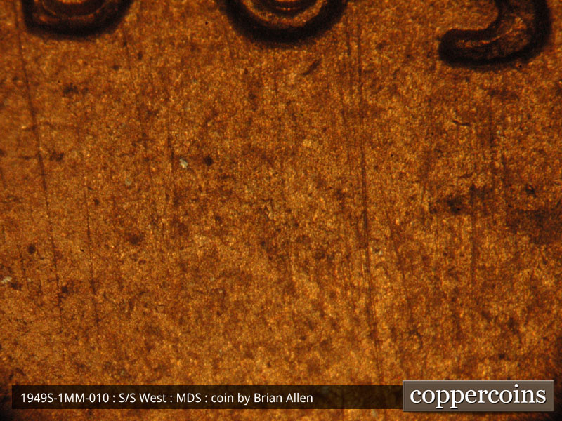 Die-stage B marker on 1949S•1MM•010 (1949 Repunched Mint Mark).