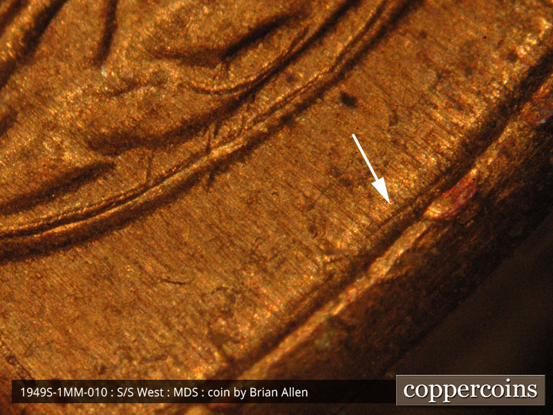 Die-stage B marker on 1949S•1MM•010 (1949 Repunched Mint Mark).