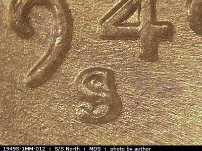 1949 Lincoln cent obverse, CopperCoins die 1949S•1MM•012.
