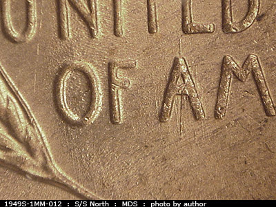 Die-stage B marker on 1949S•1MM•012 (1949 Repunched Mint Mark).