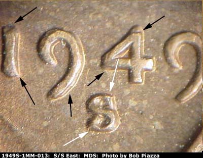 1949 Lincoln cent obverse, CopperCoins die 1949S•1MM•013.