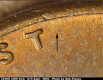 Die-stage B marker on 1949S•1MM•013 (1949 Repunched Mint Mark).