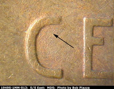 Die-stage B marker on 1949S•1MM•013 (1949 Repunched Mint Mark).