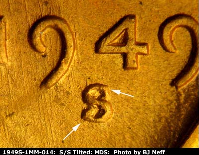 1949 Lincoln cent obverse, CopperCoins die 1949S•1MM•014.