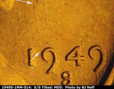 Die-stage B marker on 1949S•1MM•014 (1949 Repunched Mint Mark).