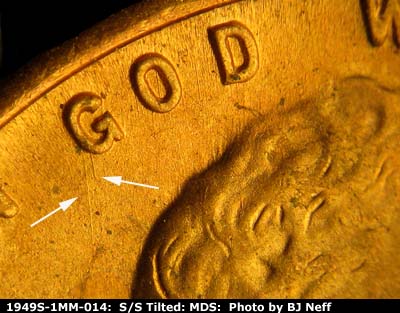 Die-stage B marker on 1949S•1MM•014 (1949 Repunched Mint Mark).