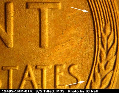 Die-stage B marker on 1949S•1MM•014 (1949 Repunched Mint Mark).