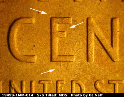 Die-stage B marker on 1949S•1MM•014 (1949 Repunched Mint Mark).
