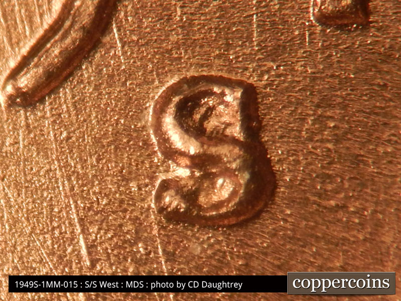 1949 Lincoln cent obverse, CopperCoins die 1949S•1MM•015.