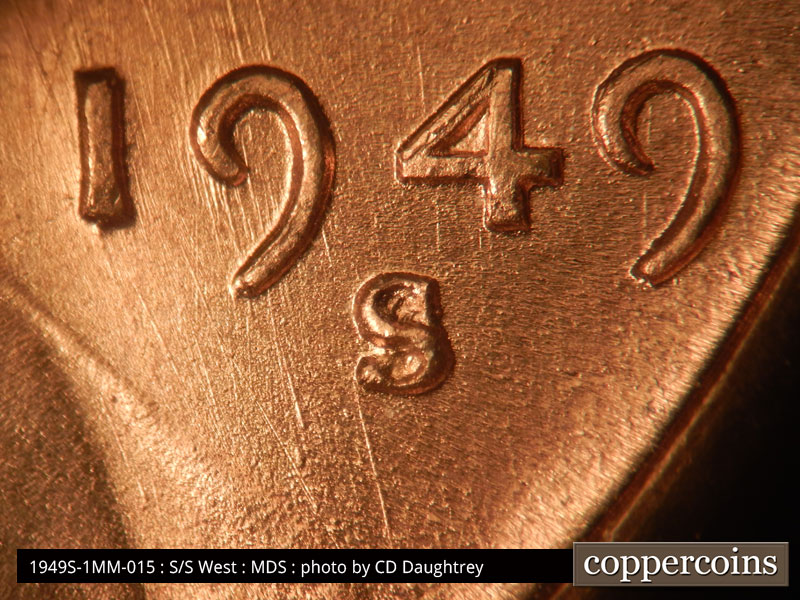 Die-stage B marker on 1949S•1MM•015 (1949 Repunched Mint Mark).