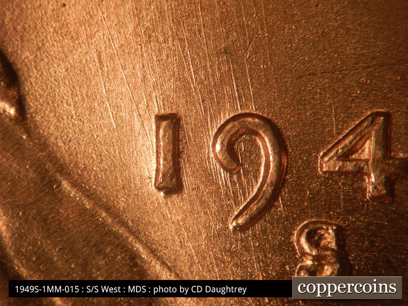 Die-stage B marker on 1949S•1MM•015 (1949 Repunched Mint Mark).