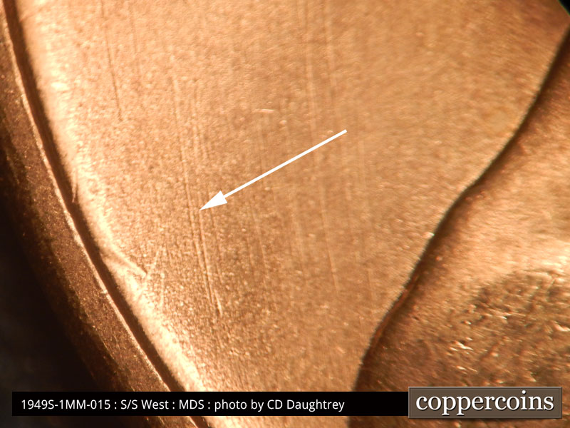 Die-stage B marker on 1949S•1MM•015 (1949 Repunched Mint Mark).
