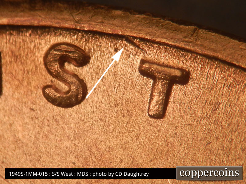 Die-stage B marker on 1949S•1MM•015 (1949 Repunched Mint Mark).