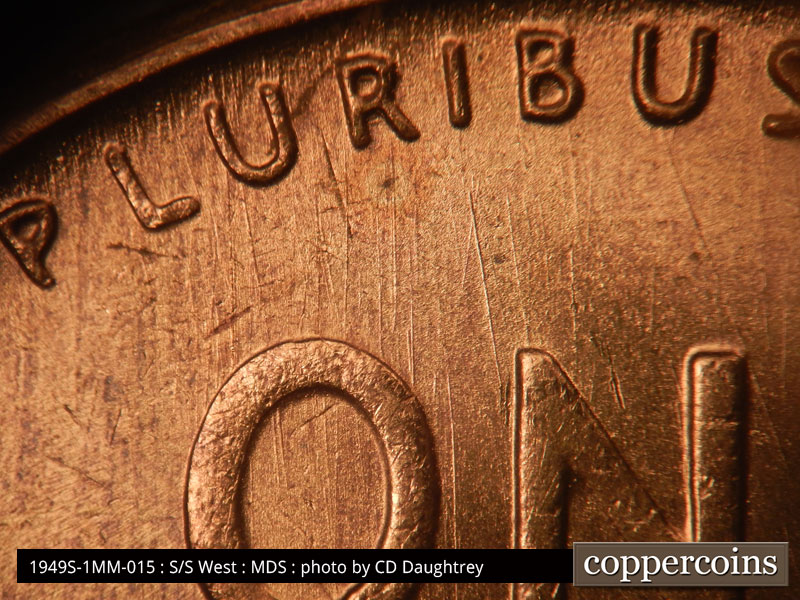 Die-stage B marker on 1949S•1MM•015 (1949 Repunched Mint Mark).
