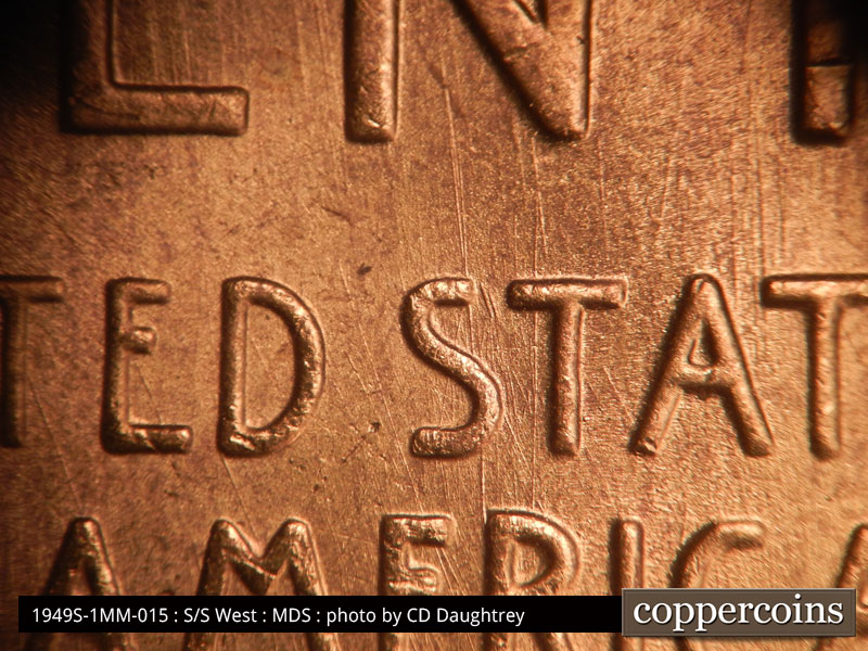 Die-stage B marker on 1949S•1MM•015 (1949 Repunched Mint Mark).