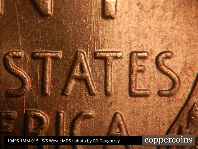 Die-stage B marker on 1949S•1MM•015 (1949 Repunched Mint Mark).