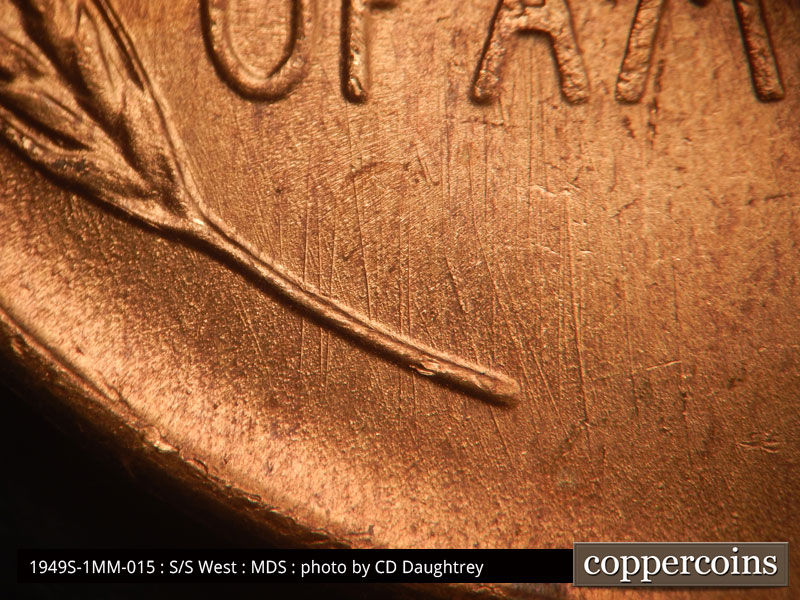 Die-stage B marker on 1949S•1MM•015 (1949 Repunched Mint Mark).