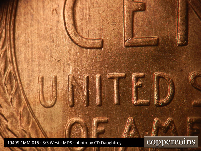 Die-stage B marker on 1949S•1MM•015 (1949 Repunched Mint Mark).