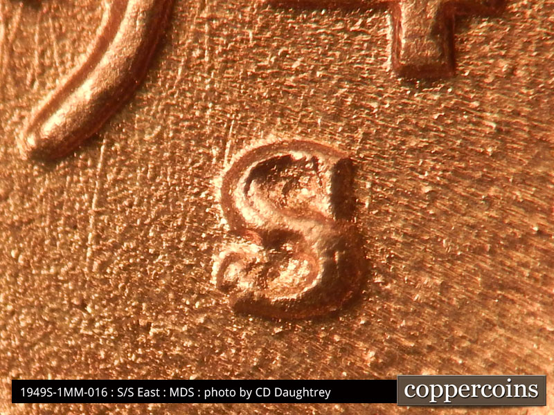 1949 Lincoln cent obverse, CopperCoins die 1949S•1MM•016.