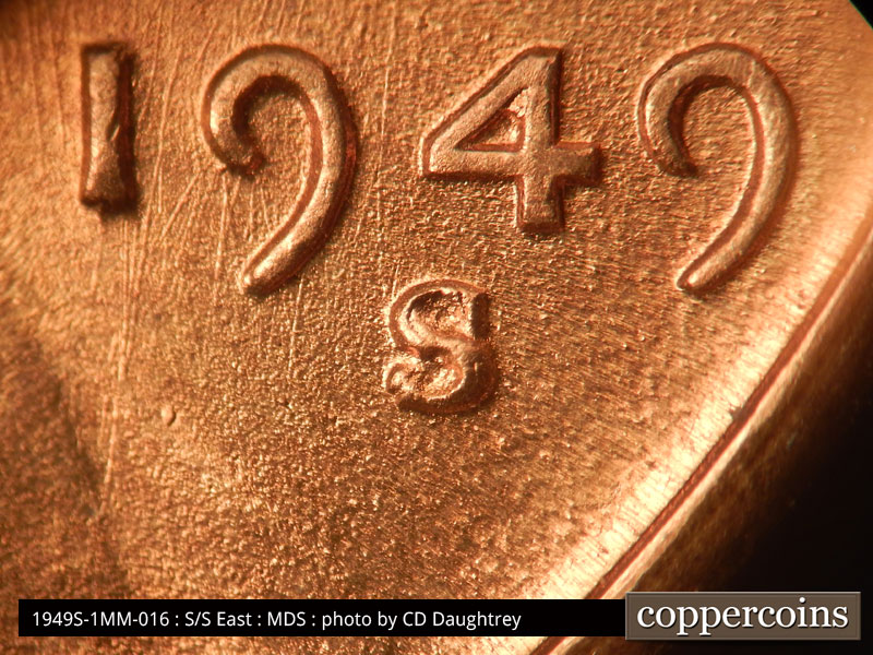 Die-stage B marker on 1949S•1MM•016 (1949 Repunched Mint Mark).
