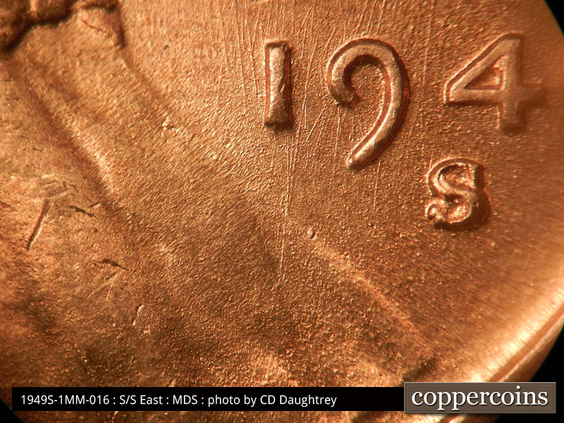 Die-stage B marker on 1949S•1MM•016 (1949 Repunched Mint Mark).