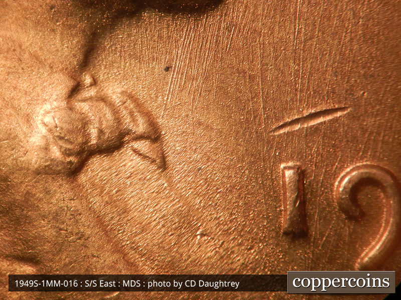 Die-stage B marker on 1949S•1MM•016 (1949 Repunched Mint Mark).